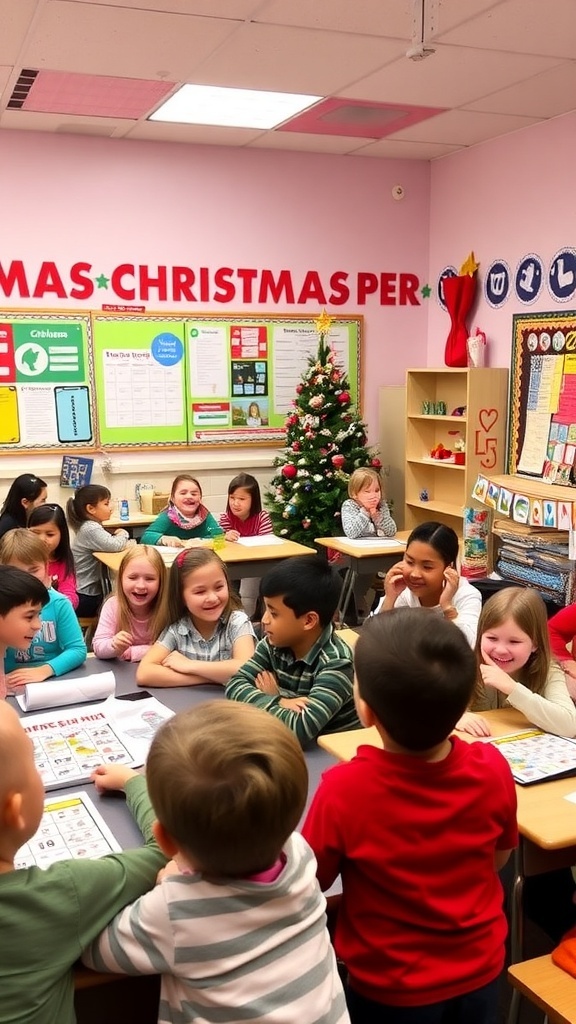 Children playing Christmas games in a decorated classroom with festive decorations.